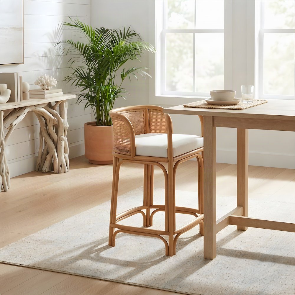 Rattan Counter Stool with Fabric-Upholstered Seat, Boho Barstool, Light Honey