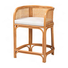 Rattan Counter Stool with Fabric-Upholstered Seat, Boho Barstool, Light Honey