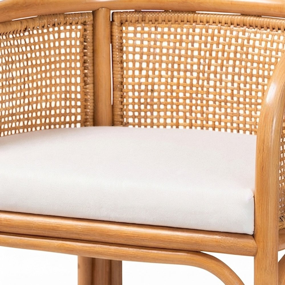 Rattan Counter Stool with Fabric-Upholstered Seat, Boho Barstool, Light Honey