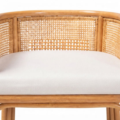 Rattan Counter Stool with Fabric-Upholstered Seat, Boho Barstool, Light Honey