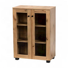 MDF Wood-Finish Storage Organizer,Glass Doors, Curio Display, Oak Brown/Black