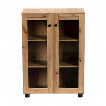 MDF Wood-Finish Storage Organizer,Glass Doors, Curio Display, Oak Brown/Black