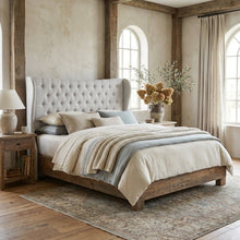 Greyish Beige Fabric Button-Tufted Winged Headboard with Cushioned Foam Padding
