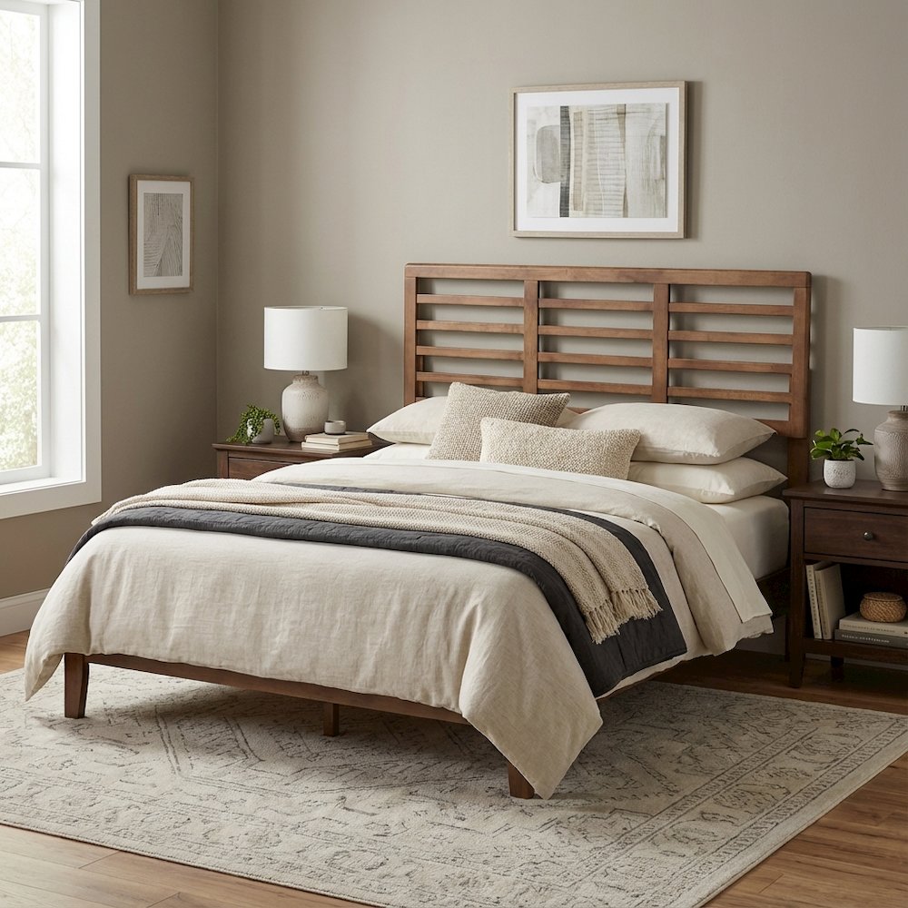 Walnut Brown Rubberwood Queen Headboard with Open Slat Design Mid-Century Style