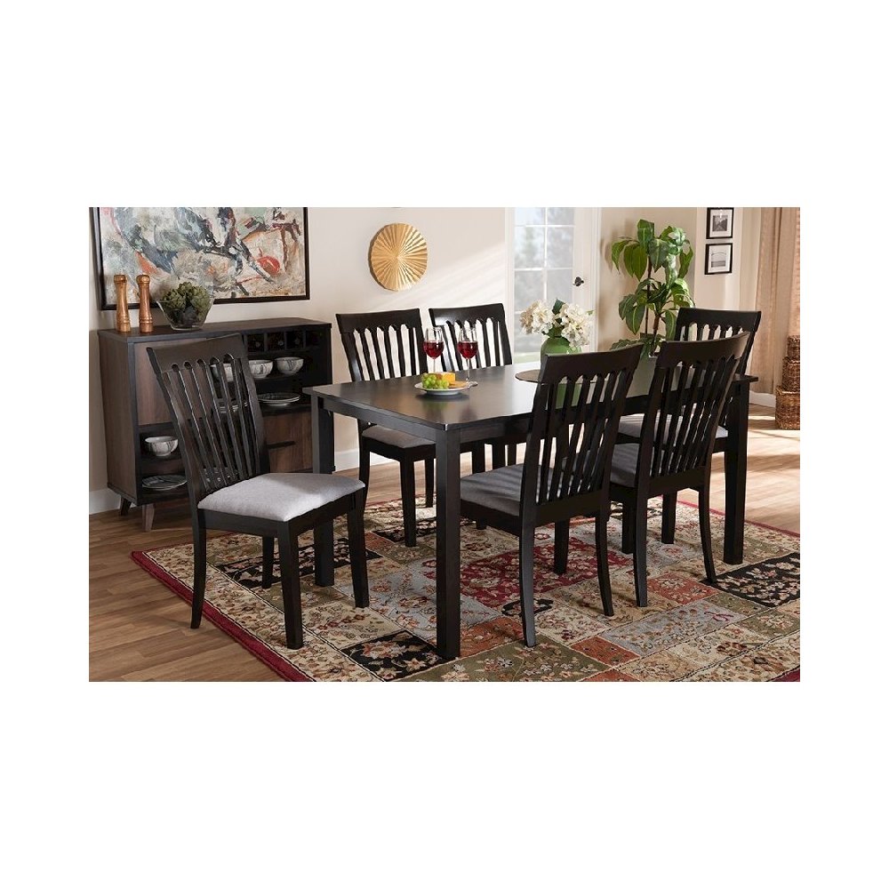 Sand Fabric Upholstered Espresso Brown Finished Wood 7-Piece Dining Set