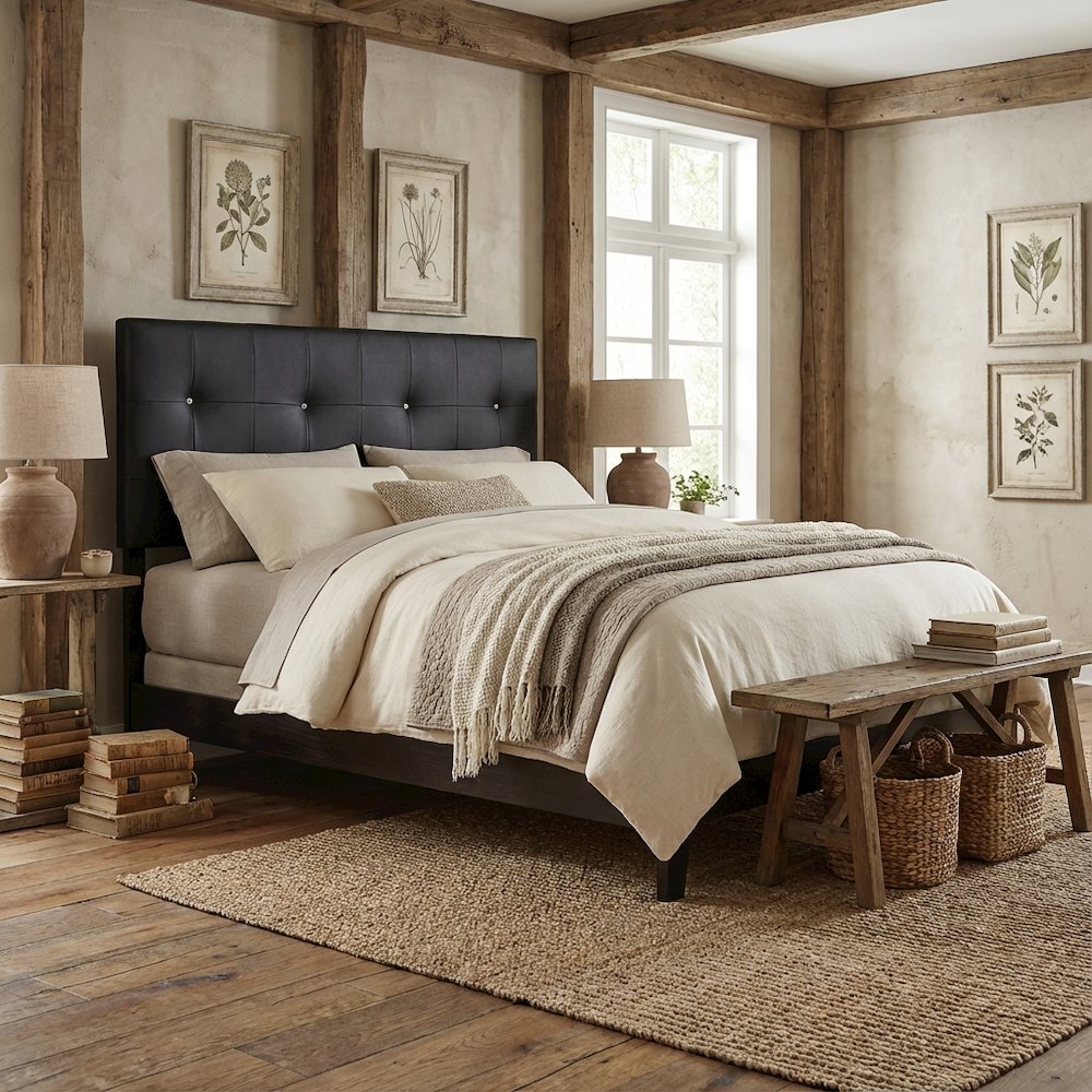 Black Faux Leather King Size Headboard with Foam Padding and Wood Frame