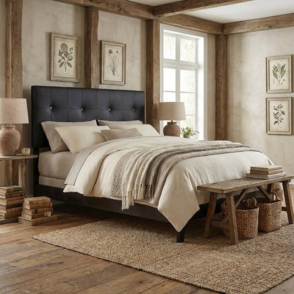 Black Faux Leather King Size Headboard with Foam Padding and Wood Frame