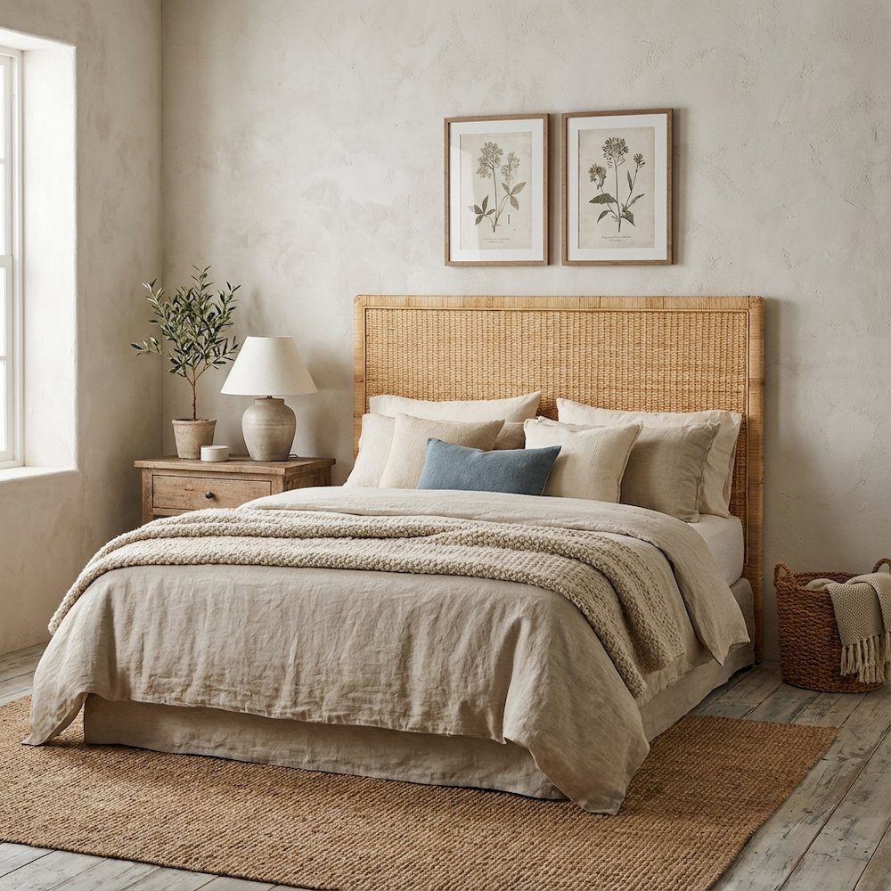 Brown Rattan and Mahogany Wood Headboard King Size Bohemian Style