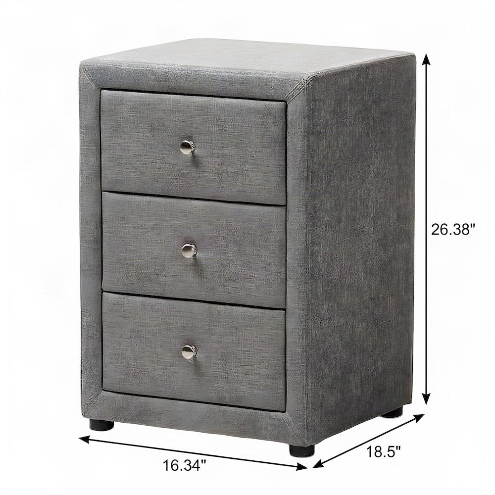 Fabric-Upholstered Nightstand with 3-Drawer Storage, Bedside Table, Grey
