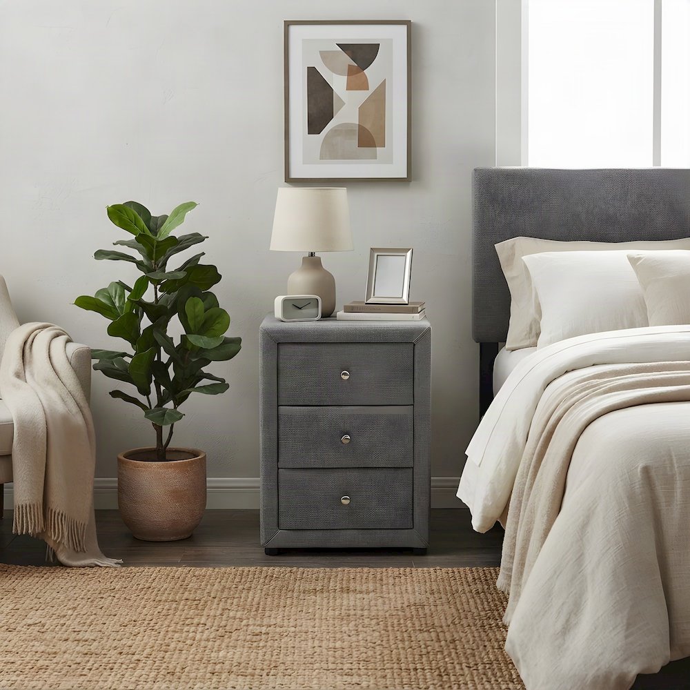 Fabric-Upholstered Nightstand with 3-Drawer Storage, Bedside Table, Grey