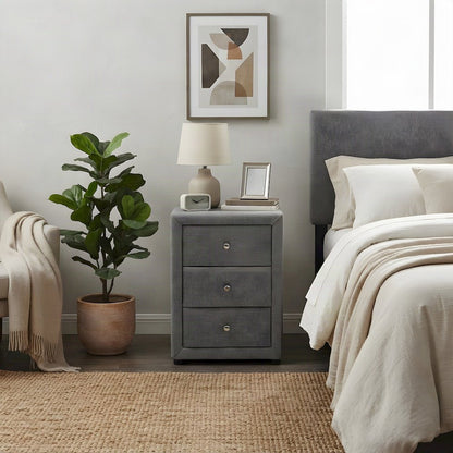 Fabric-Upholstered Nightstand with 3-Drawer Storage, Bedside Table, Grey