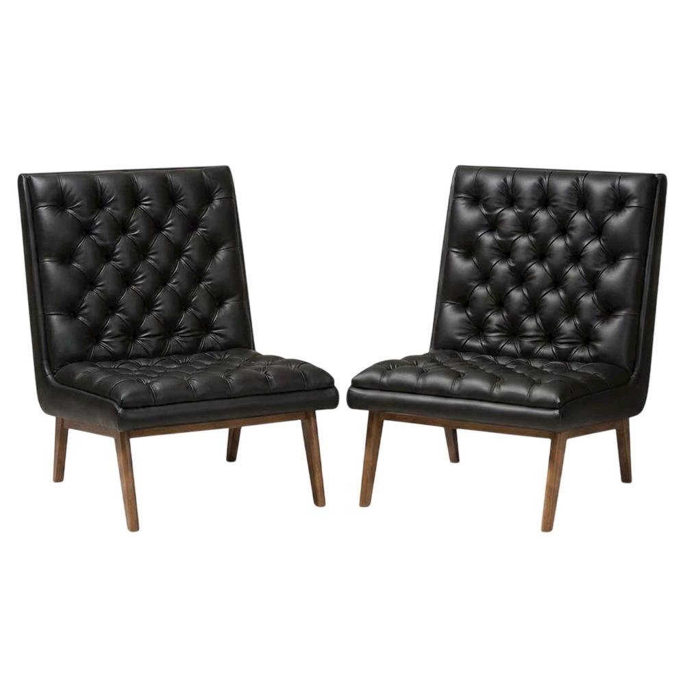 Faux Leather Mid-Century Modern Accent Lounge Chair with Walnut Wood Legs, Black