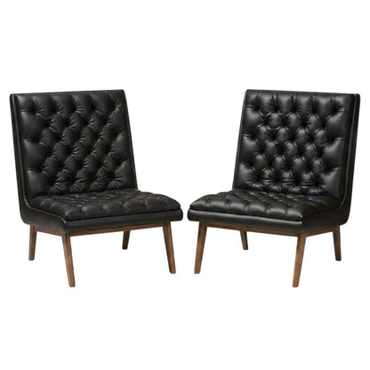 Faux Leather Mid-Century Modern Accent Lounge Chair with Walnut Wood Legs, Black