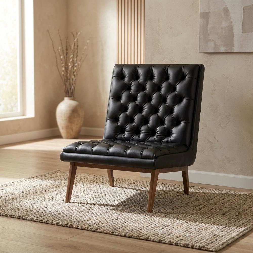Faux Leather Mid-Century Modern Accent Lounge Chair with Walnut Wood Legs, Black