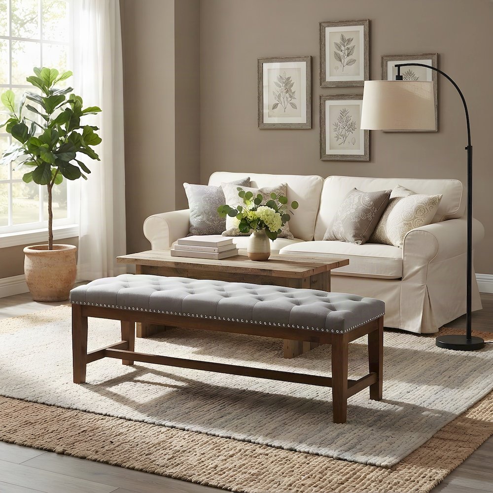 Fabric-Upholstered Solid Rubberwood Entryway and Bedroom Bench, Grey