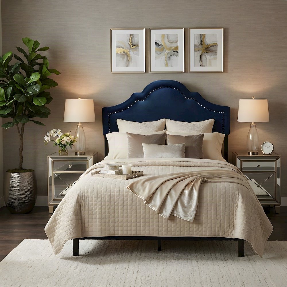 Velvet Upholstered Full Size Headboard for Full and Queen Beds, Navy Blue