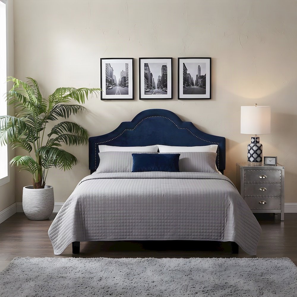 Velvet Upholstered Full Size Headboard for Full and Queen Beds, Navy Blue