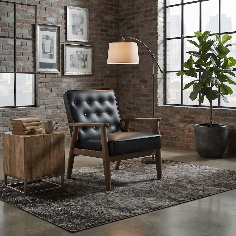 Faux Leather Rubber Wood Mid-Century Modern Accent Lounge Chair, Black