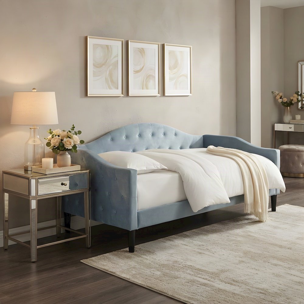 Velvet Button-Tufted Upholstered Twin Daybed with Wood, Light Blue/Dark Brown