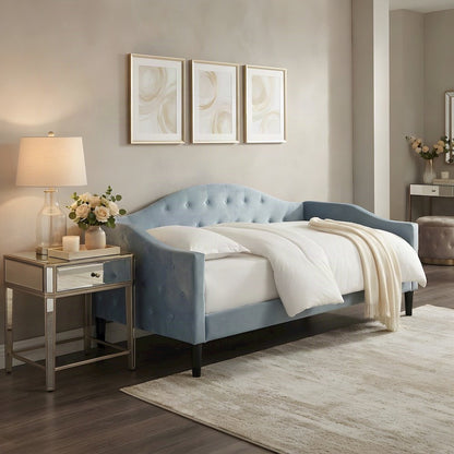 Velvet Button-Tufted Upholstered Twin Daybed with Wood, Light Blue/Dark Brown