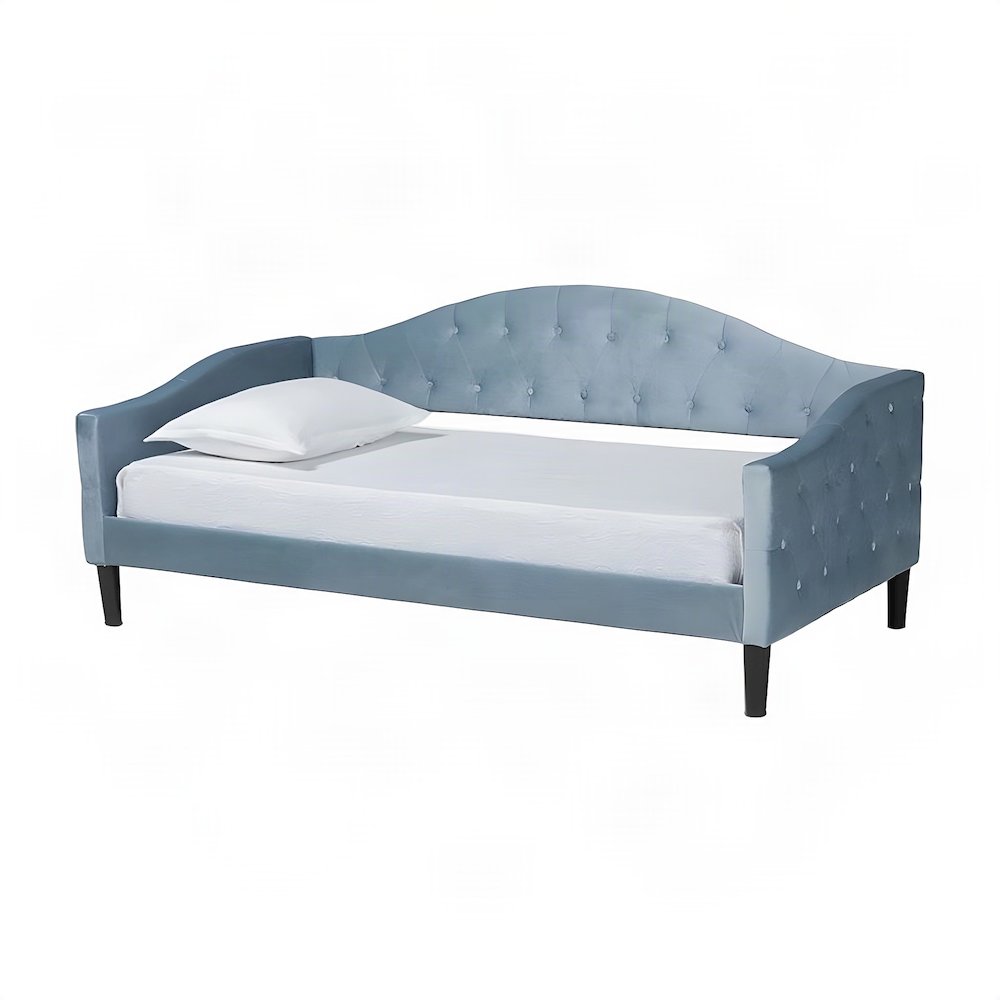 Velvet Button-Tufted Upholstered Twin Daybed with Wood, Light Blue/Dark Brown