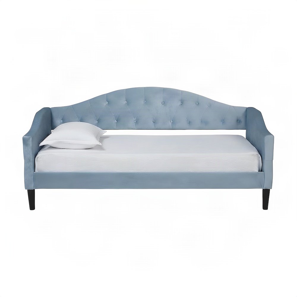 Velvet Button-Tufted Upholstered Twin Daybed with Wood, Light Blue/Dark Brown