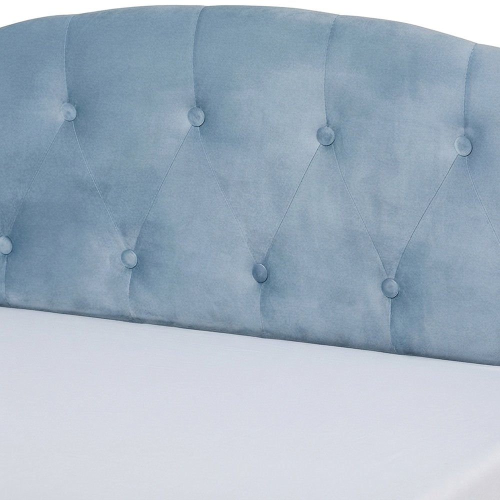 Velvet Button-Tufted Upholstered Twin Daybed with Wood, Light Blue/Dark Brown