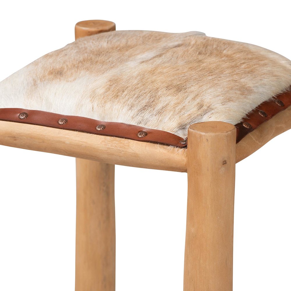 Rivera Genuine Goat Leather Bar Stool - Rustic Boho Seating with Teak Wood
