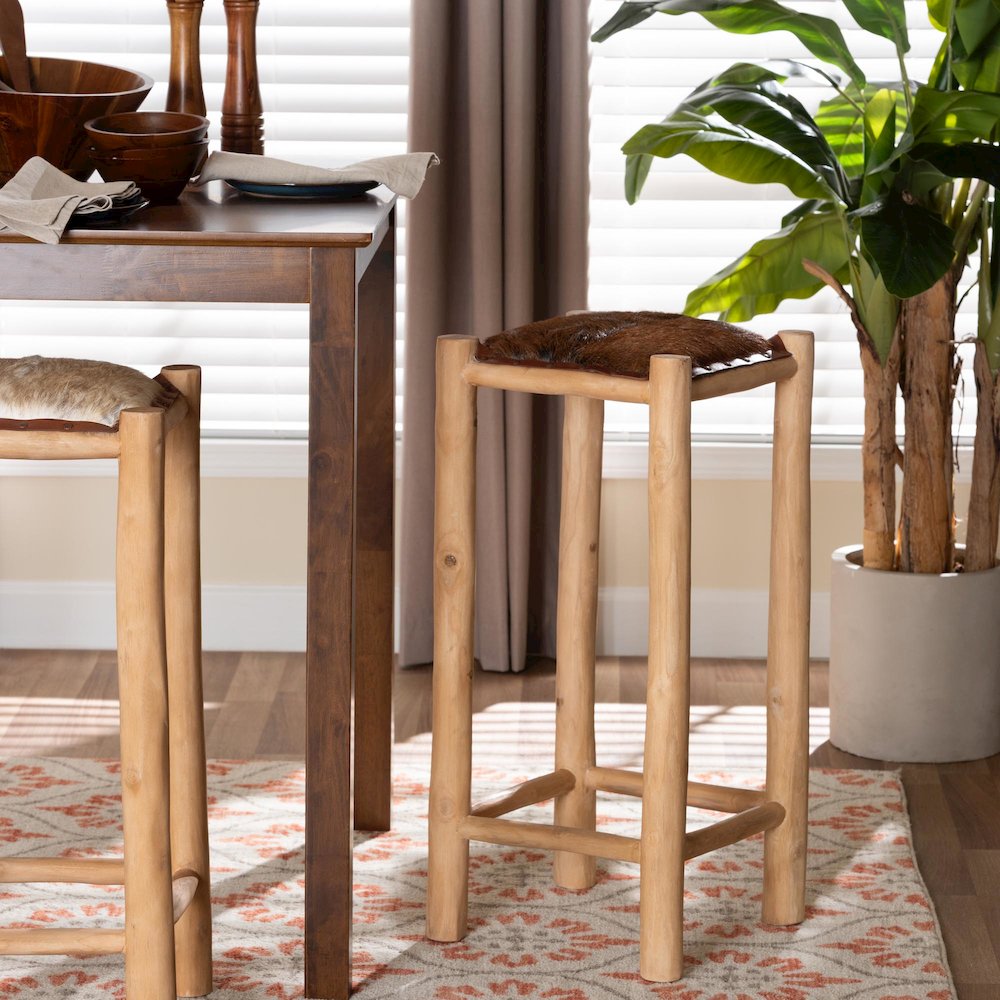 Rivera Genuine Goat Leather Bar Stool - Rustic Boho Seating with Teak Wood