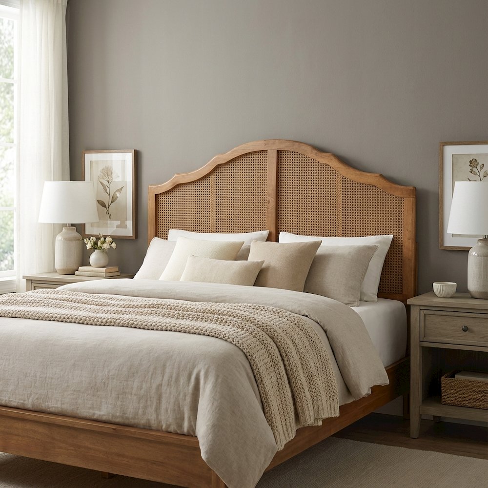 Brown Synthetic Rattan Queen Headboard with Rubberwood Frame and Wood Legs