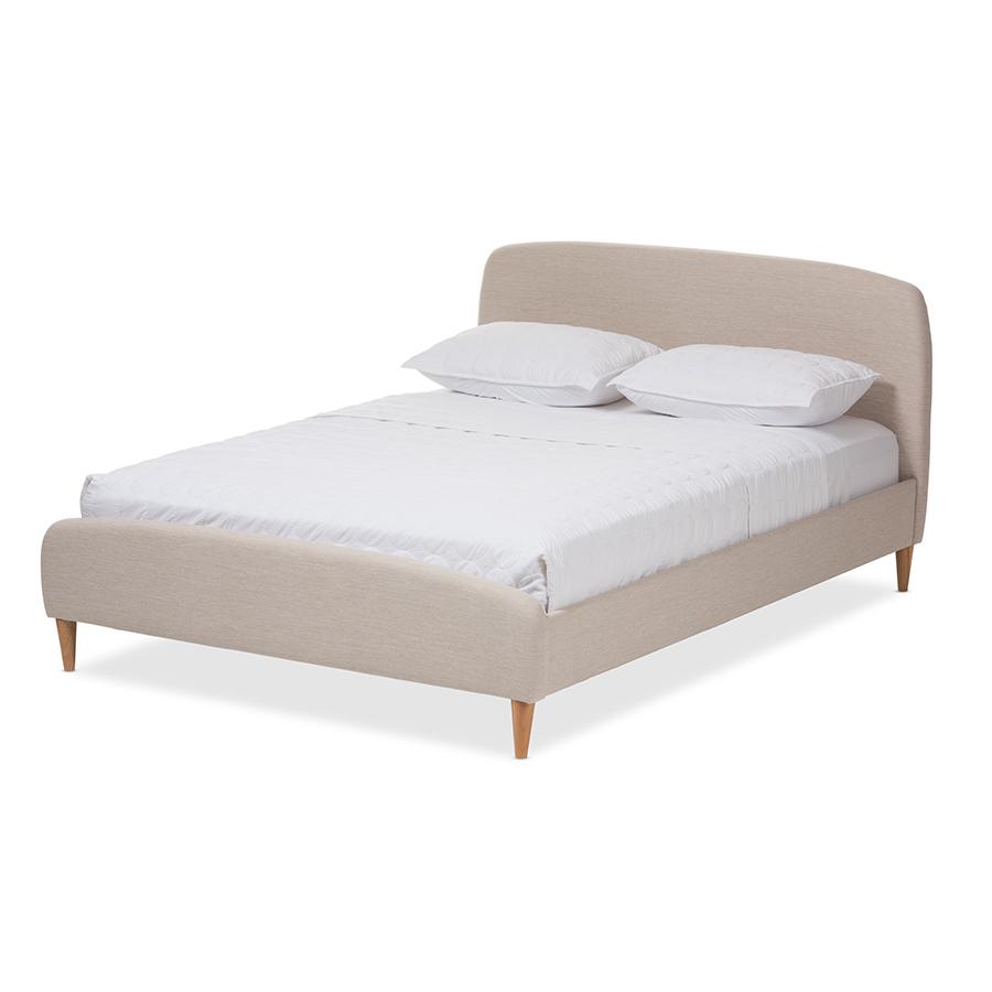 Light Beige Fabric Upholstered Queen Platform Bed with Mid-Century Style