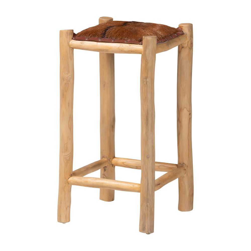 Rivera Genuine Goat Leather Counter Stool - Rustic Boho Seating with Teak Wood