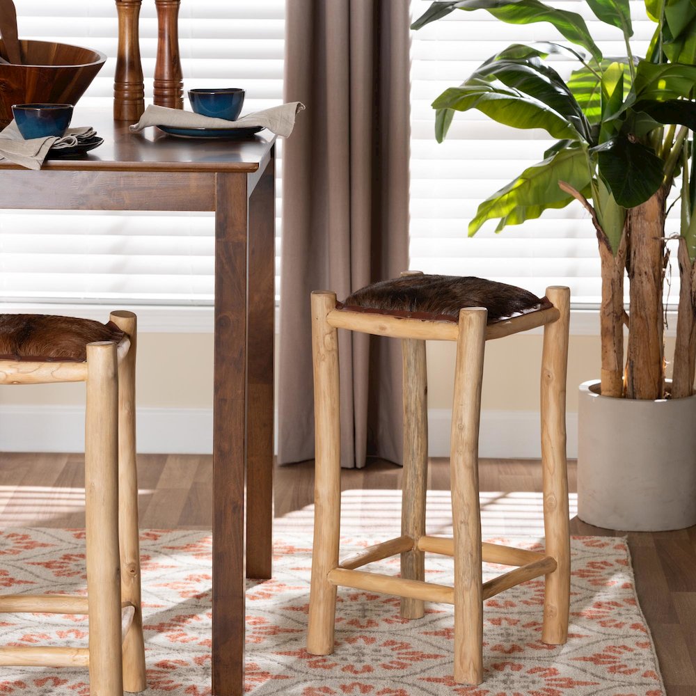 Rivera Genuine Goat Leather Counter Stool - Rustic Boho Seating with Teak Wood