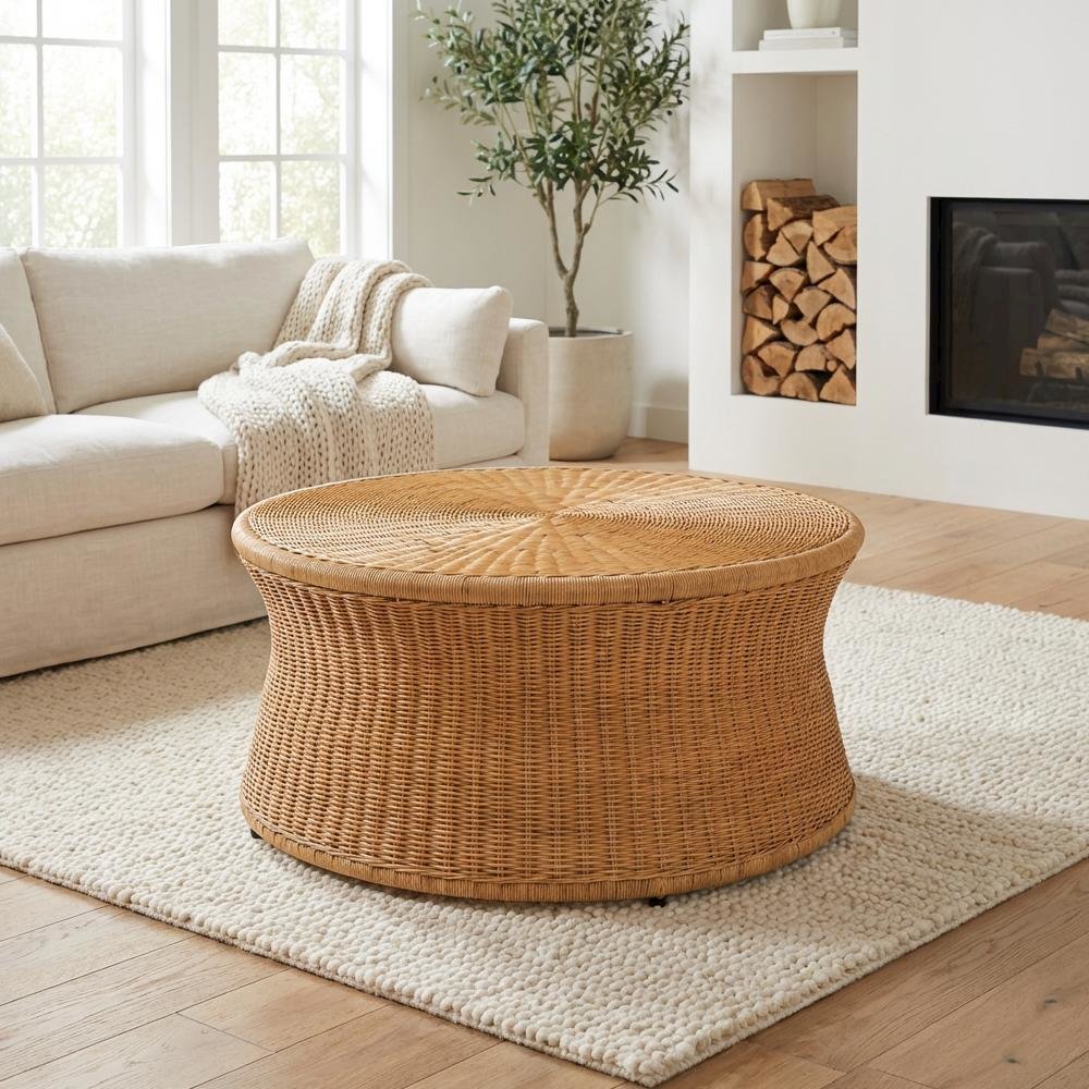 Genuine Rattan Round Coffee Table with Handwoven Wicker Drum Shape