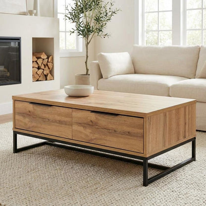 Brown Wood and Black Metal 2-Drawer Coffee Table MDF Frame Modern Design