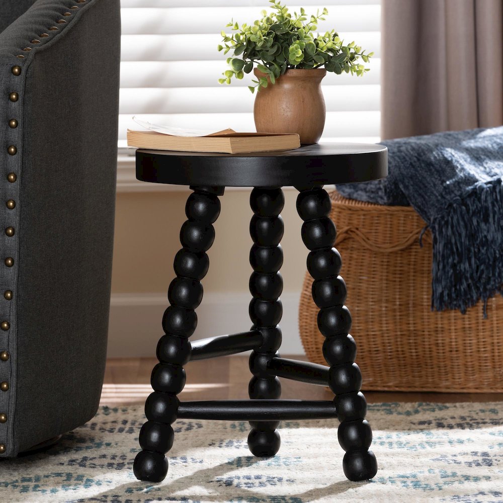 David Acacia Wood Multipurpose Accent Stool - Turned Bobbin Decorative, Black