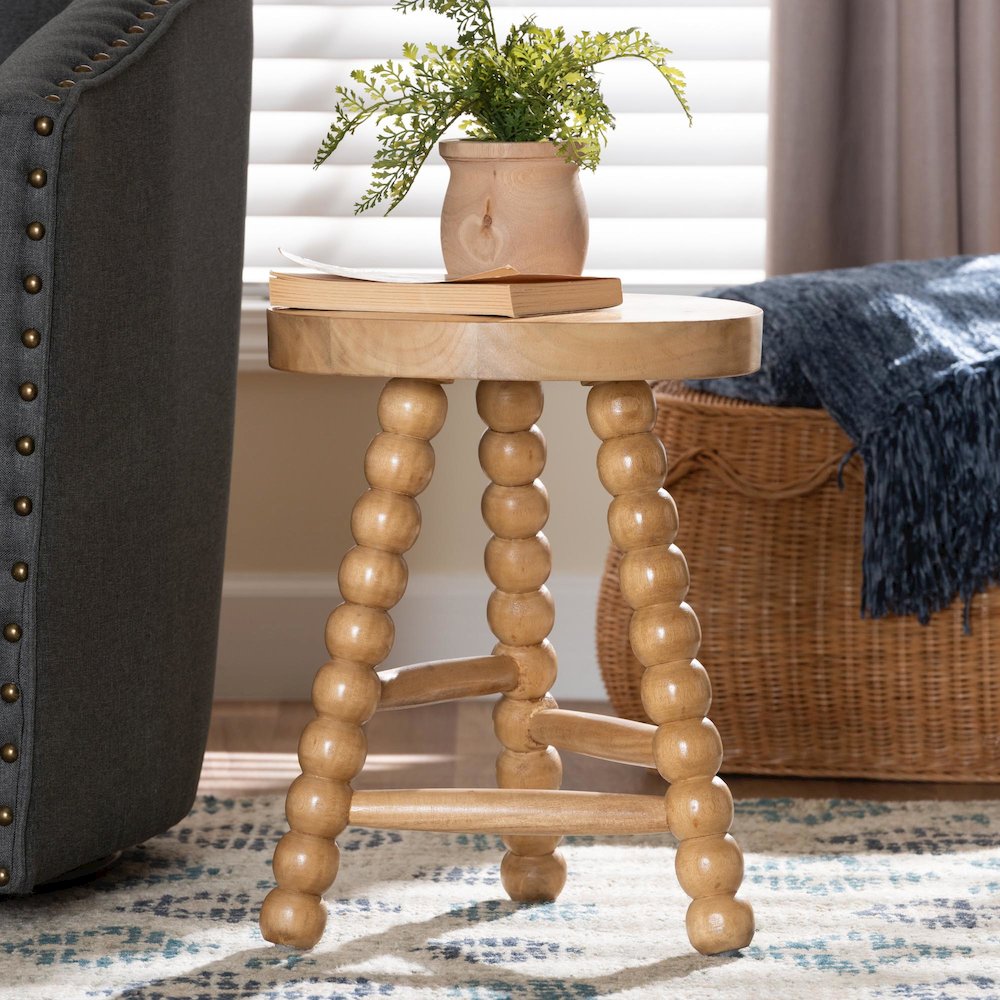 David Acacia Wood Multipurpose Accent Stool - Turned Bobbin, Natural Brown