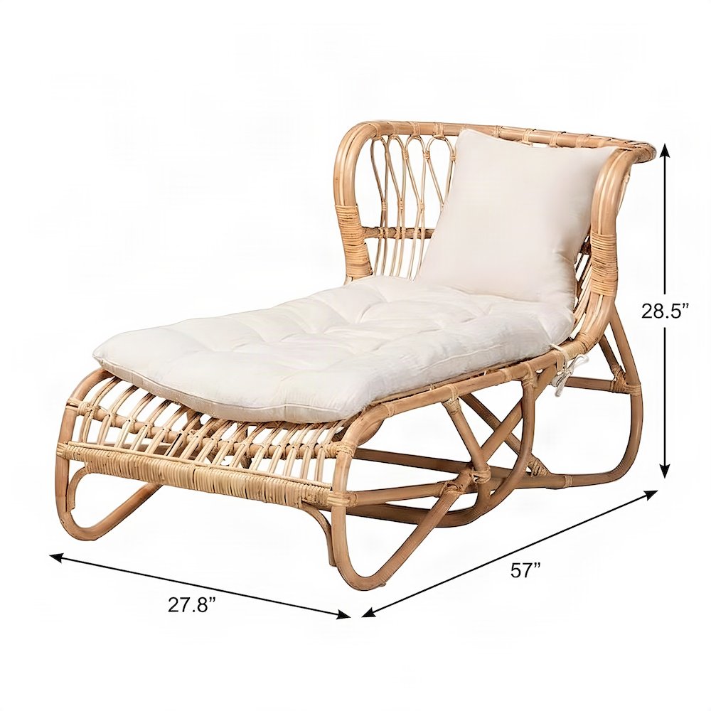 Rattan Boho Chaise Lounge Chair Indoor with Fabric Cushion, White/Natural Brown