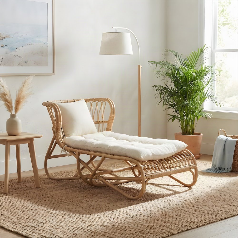 Rattan Boho Chaise Lounge Chair Indoor with Fabric Cushion, White/Natural Brown