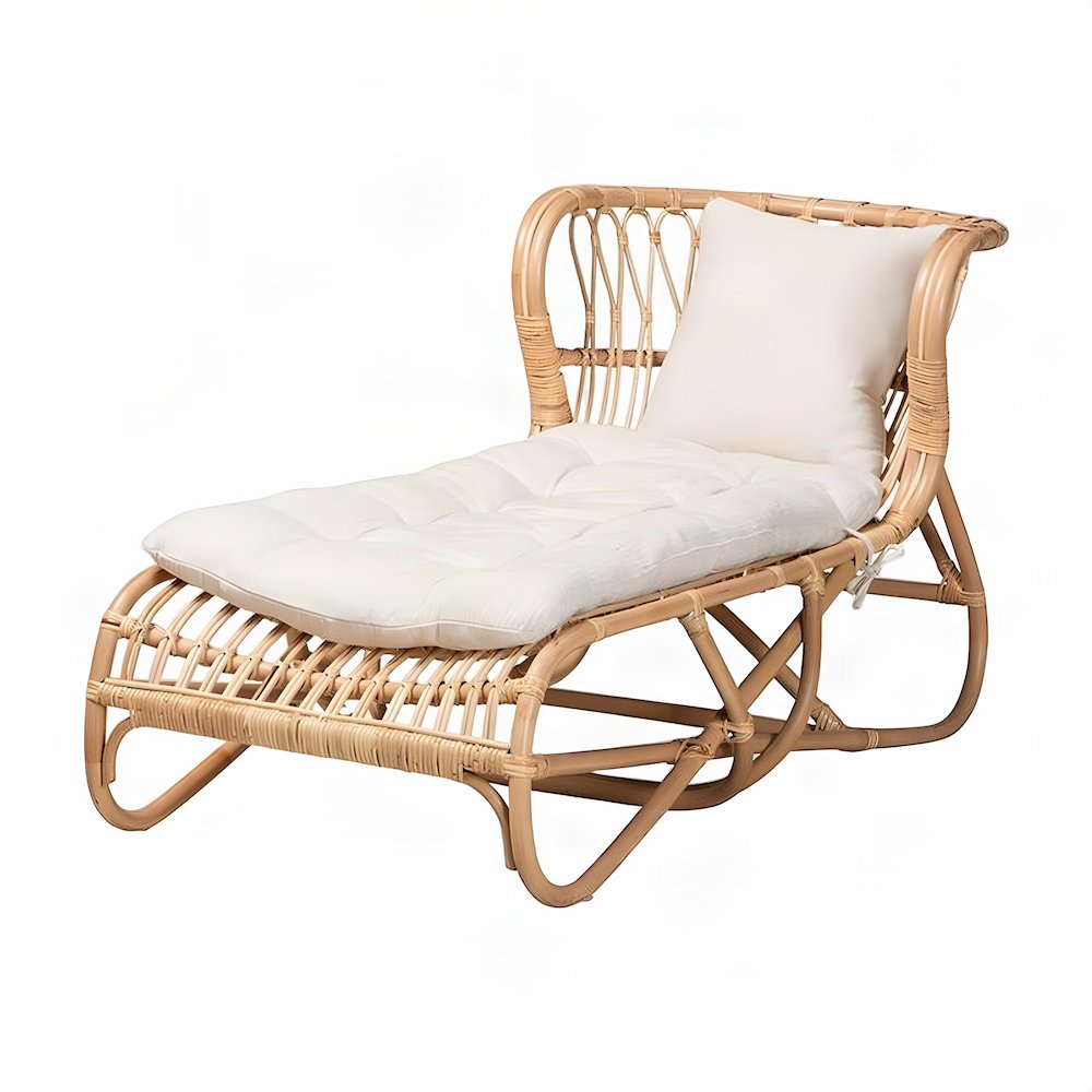 Rattan Boho Chaise Lounge Chair Indoor with Fabric Cushion, White/Natural Brown