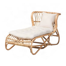 Rattan Boho Chaise Lounge Chair Indoor with Fabric Cushion, White/Natural Brown