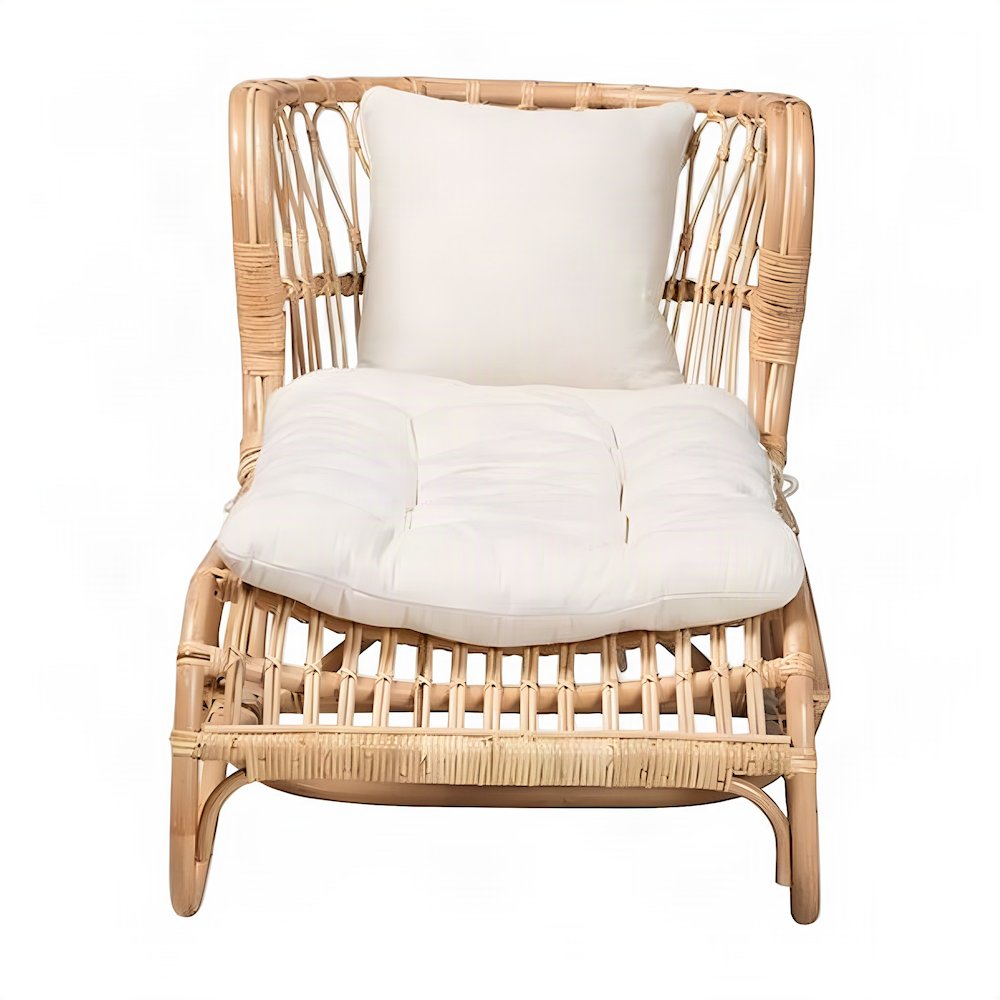 Rattan Boho Chaise Lounge Chair Indoor with Fabric Cushion, White/Natural Brown