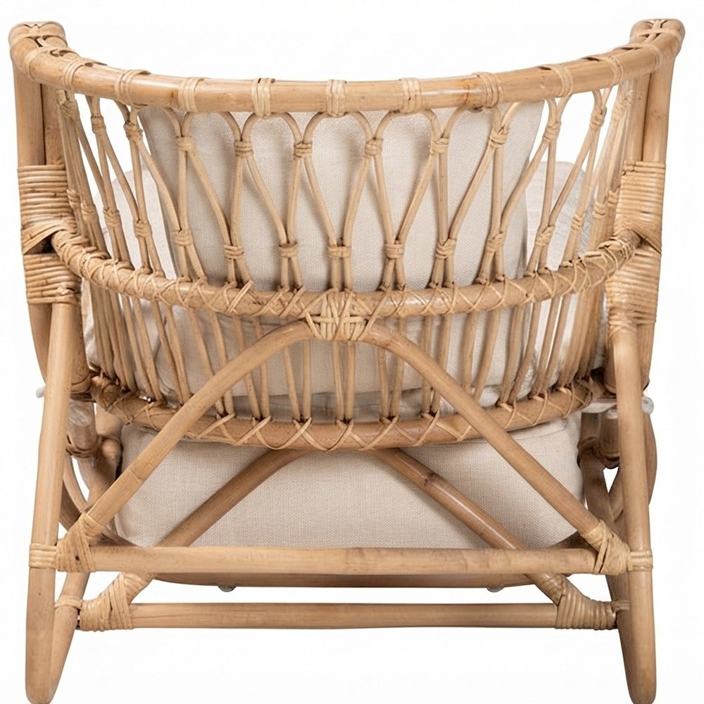 Rattan Boho Chaise Lounge Chair Indoor with Fabric Cushion, White/Natural Brown