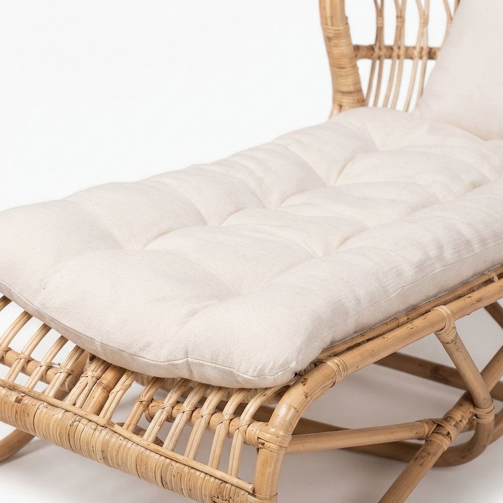 Rattan Boho Chaise Lounge Chair Indoor with Fabric Cushion, White/Natural Brown
