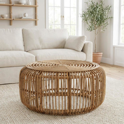 Authentic Brown Rattan Coffee Table with Antique Finish Bohemian Style