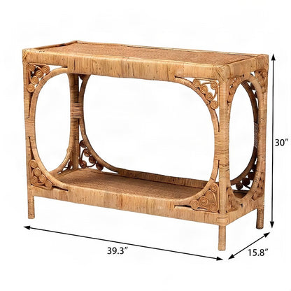 Bohemian Rattan Console Table, Narrow Entryway Hallway Sofa Table, Light Honey