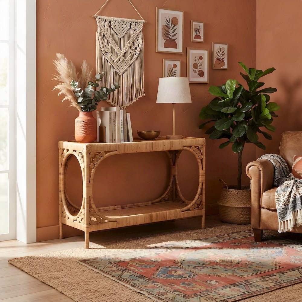 Bohemian Rattan Console Table, Narrow Entryway Hallway Sofa Table, Light Honey
