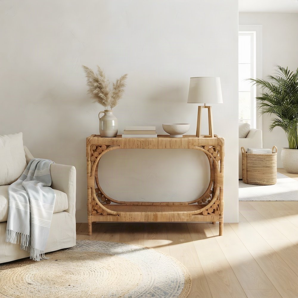 Bohemian Rattan Console Table, Narrow Entryway Hallway Sofa Table, Light Honey