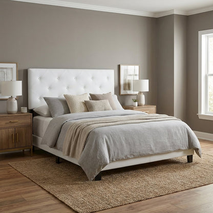 White Faux Leather King Headboard, PU Foam Padding, Wooden Frame