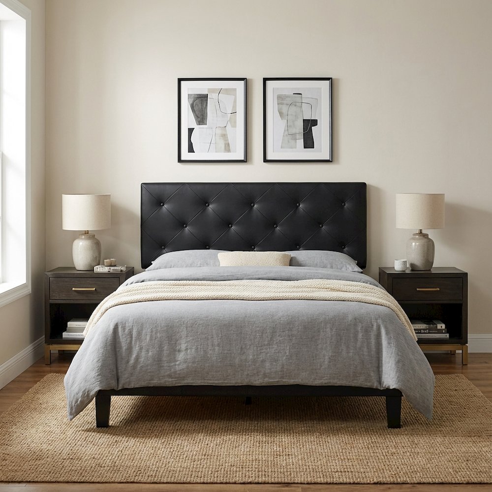 Black Faux Leather Queen Upholstered Headboard with Foam Padding and Wood Frame